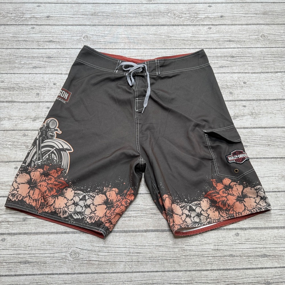 Harley-Davidson Board Shorts Men's 34 Gray Pinup Girl Motorcycle Floral Trunks